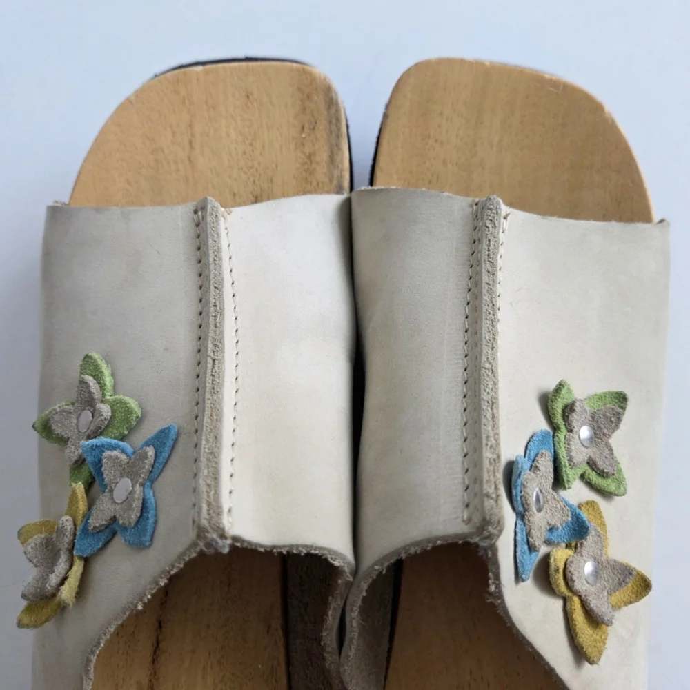 Thick Wood Platforms With Flower, Soft Floppy Leather Uppers & Silver Studs 7.5